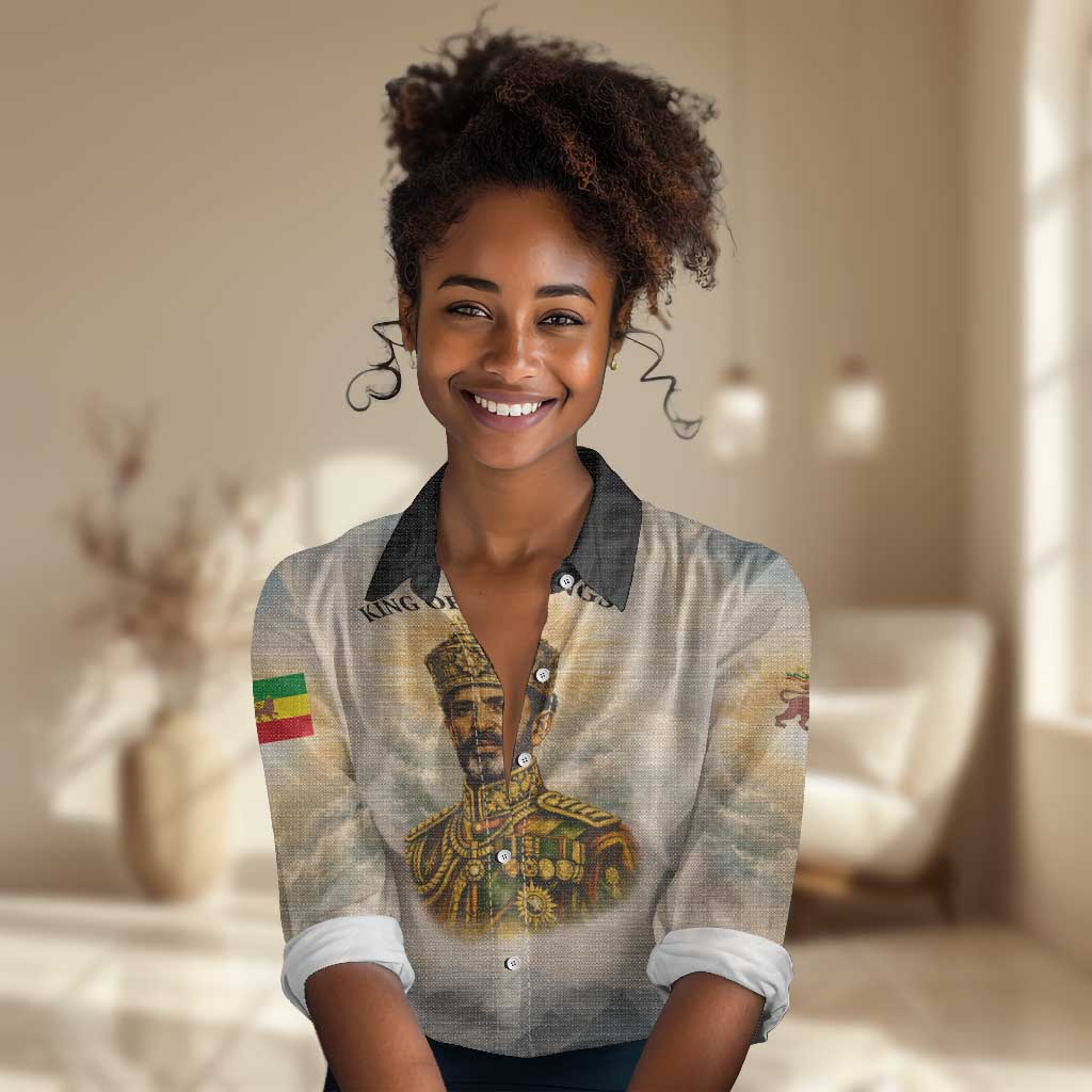 Haile Selassie I Ethiopia Women Casual Shirt with King of Kings and Conquering Lion Cloud Rays and Regal Portrait