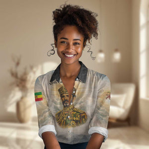 Haile Selassie I Ethiopia Women Casual Shirt with King of Kings and Conquering Lion Cloud Rays and Regal Portrait