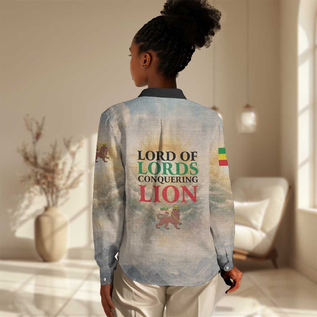 Haile Selassie I Ethiopia Women Casual Shirt with King of Kings and Conquering Lion Cloud Rays and Regal Portrait