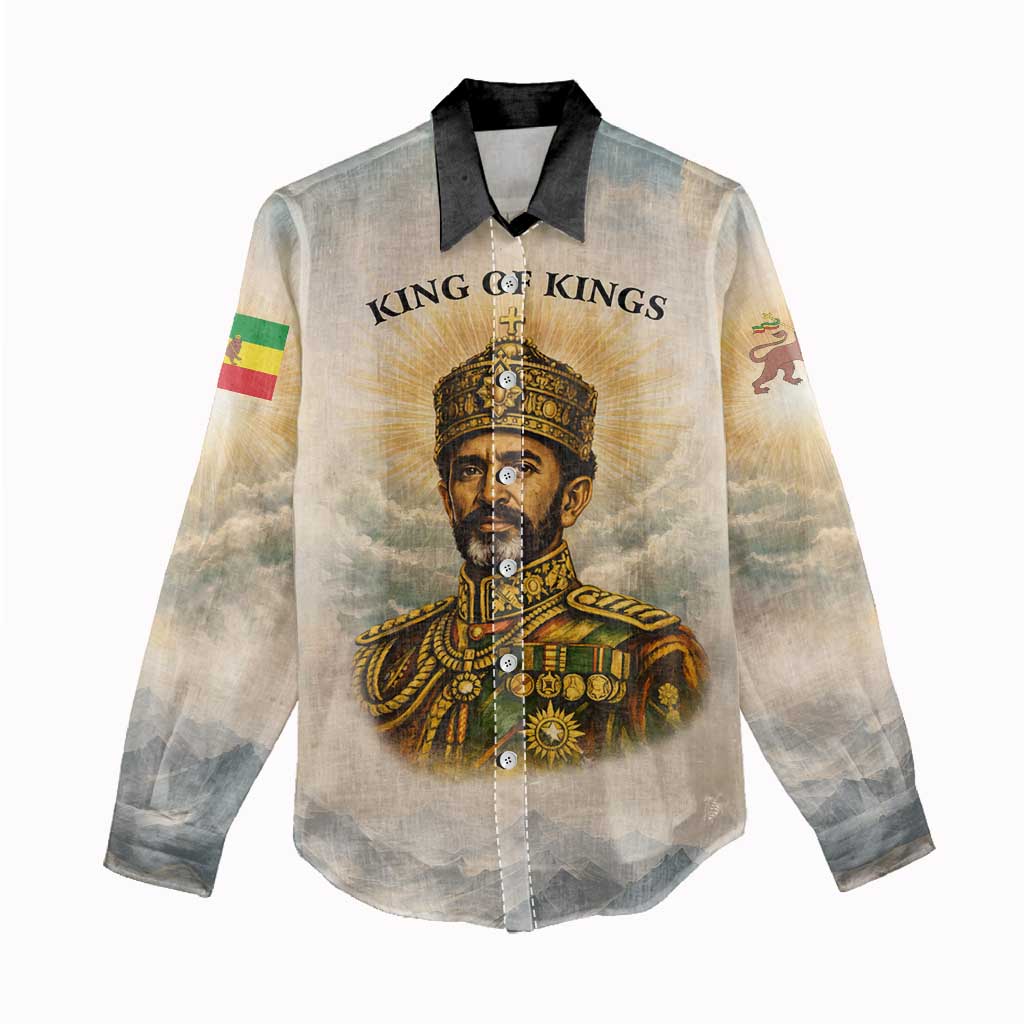 Haile Selassie I Ethiopia Women Casual Shirt with King of Kings and Conquering Lion Cloud Rays and Regal Portrait