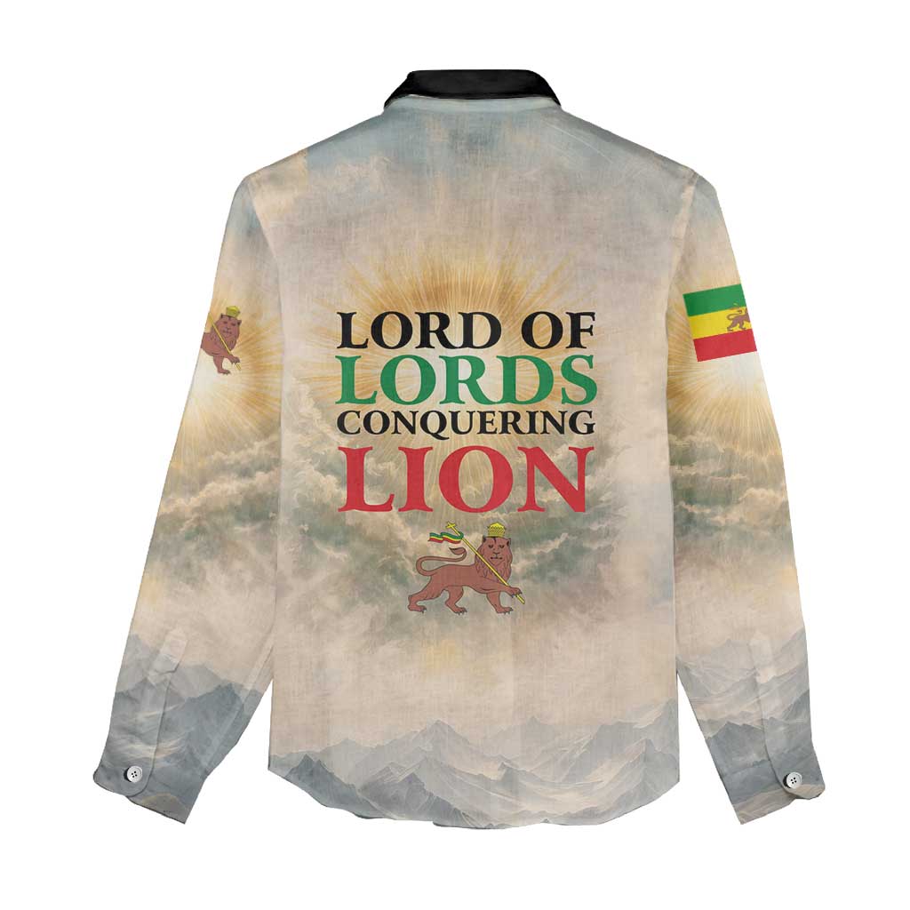 Haile Selassie I Ethiopia Women Casual Shirt with King of Kings and Conquering Lion Cloud Rays and Regal Portrait
