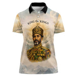 Haile Selassie I Ethiopia Women Polo Shirt with King of Kings and Conquering Lion Cloud Rays and Regal Portrait