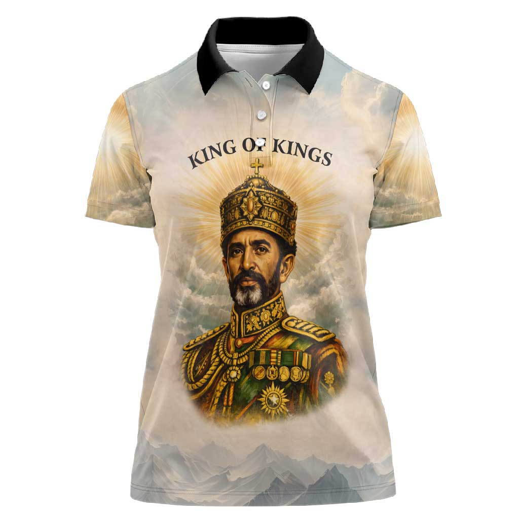Haile Selassie I Ethiopia Women Polo Shirt with King of Kings and Conquering Lion Cloud Rays and Regal Portrait