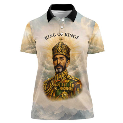 Haile Selassie I Ethiopia Women Polo Shirt with King of Kings and Conquering Lion Cloud Rays and Regal Portrait