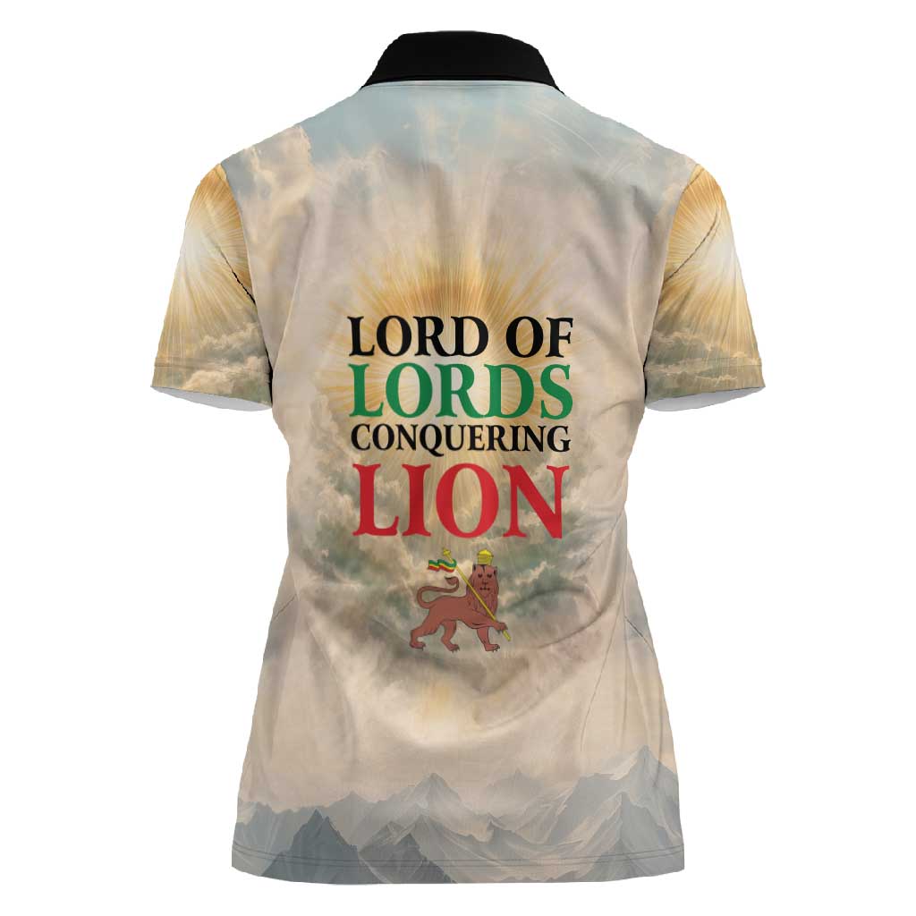 Haile Selassie I Ethiopia Women Polo Shirt with King of Kings and Conquering Lion Cloud Rays and Regal Portrait