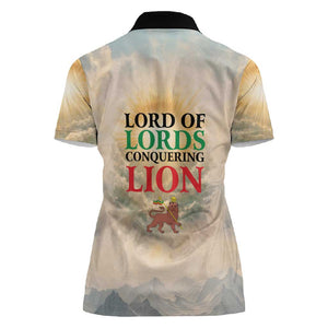 Haile Selassie I Ethiopia Women Polo Shirt with King of Kings and Conquering Lion Cloud Rays and Regal Portrait