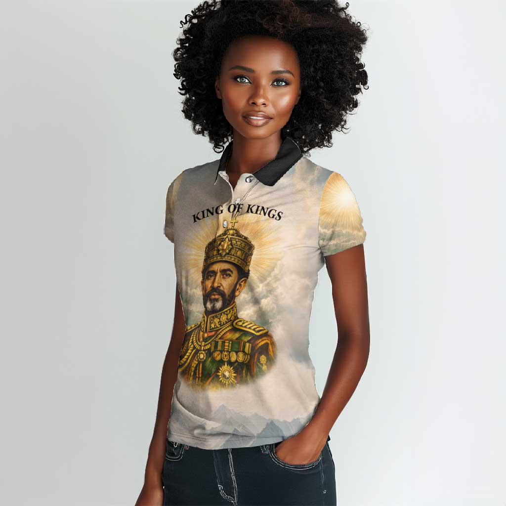 Haile Selassie I Ethiopia Women Polo Shirt with King of Kings and Conquering Lion Cloud Rays and Regal Portrait