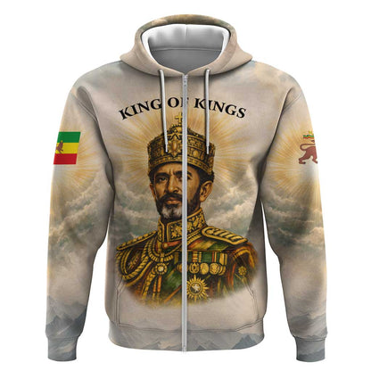 Haile Selassie I Ethiopia Zip Hoodie with King of Kings and Conquering Lion Cloud Rays and Regal Portrait