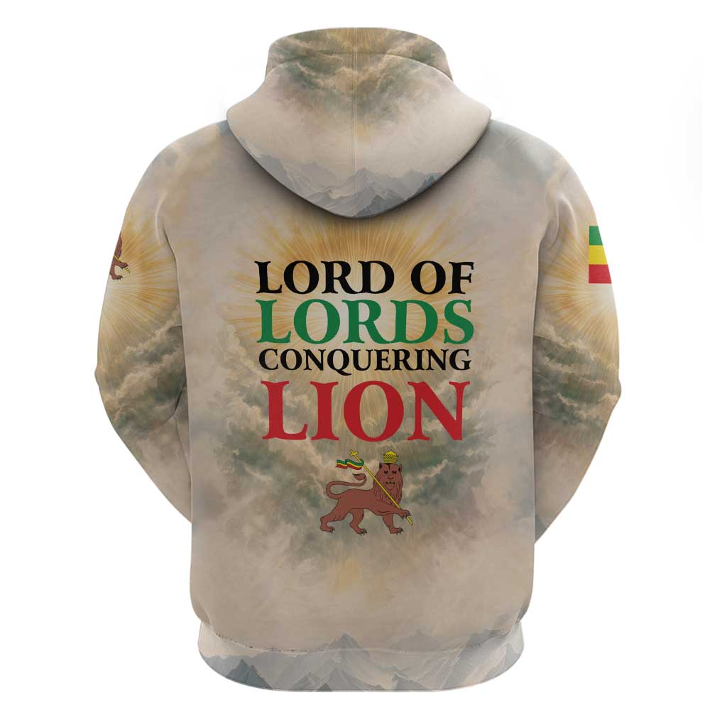 Haile Selassie I Ethiopia Zip Hoodie with King of Kings and Conquering Lion Cloud Rays and Regal Portrait