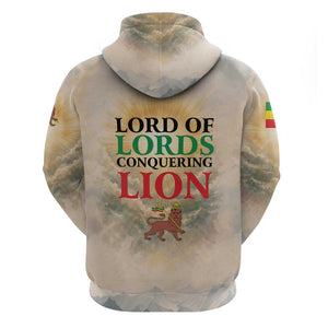 Haile Selassie I Ethiopia Zip Hoodie with King of Kings and Conquering Lion Cloud Rays and Regal Portrait