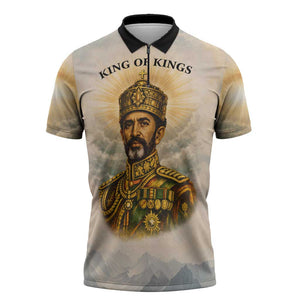 Haile Selassie I Ethiopia Zipper Polo Shirt with King of Kings and Conquering Lion Cloud Rays and Regal Portrait