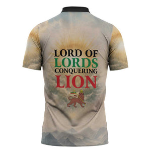 Haile Selassie I Ethiopia Zipper Polo Shirt with King of Kings and Conquering Lion Cloud Rays and Regal Portrait