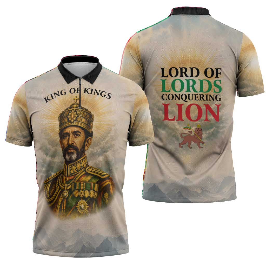 Haile Selassie I Ethiopia Zipper Polo Shirt with King of Kings and Conquering Lion Cloud Rays and Regal Portrait
