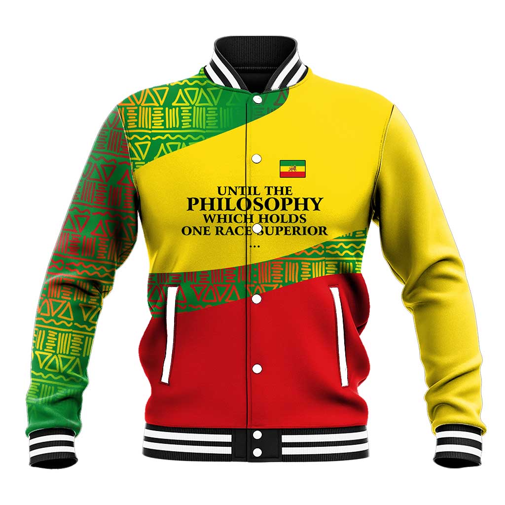 Ethiopia Haile Selassie I Baseball Jacket with Addis Ababa 1963 Speech Quote Pan-African Flag Colors and Kente Pattern - African Pride