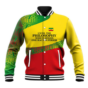Ethiopia Haile Selassie I Baseball Jacket with Addis Ababa 1963 Speech Quote Pan-African Flag Colors and Kente Pattern - African Pride
