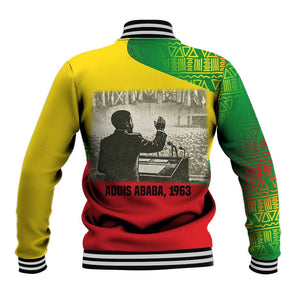 Ethiopia Haile Selassie I Baseball Jacket with Addis Ababa 1963 Speech Quote Pan-African Flag Colors and Kente Pattern - African Pride