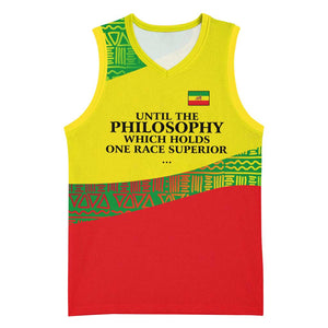 Ethiopia Haile Selassie I Basketball Jersey with Addis Ababa 1963 Speech Quote Pan-African Flag Colors and Kente Pattern - African Pride