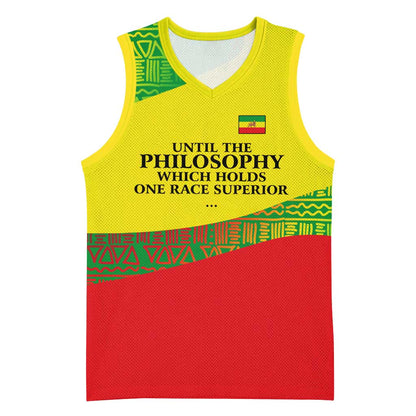 Ethiopia Haile Selassie I Basketball Jersey with Addis Ababa 1963 Speech Quote Pan-African Flag Colors and Kente Pattern - African Pride