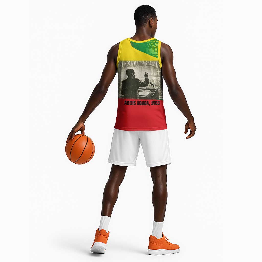 Ethiopia Haile Selassie I Basketball Jersey with Addis Ababa 1963 Speech Quote Pan-African Flag Colors and Kente Pattern - African Pride