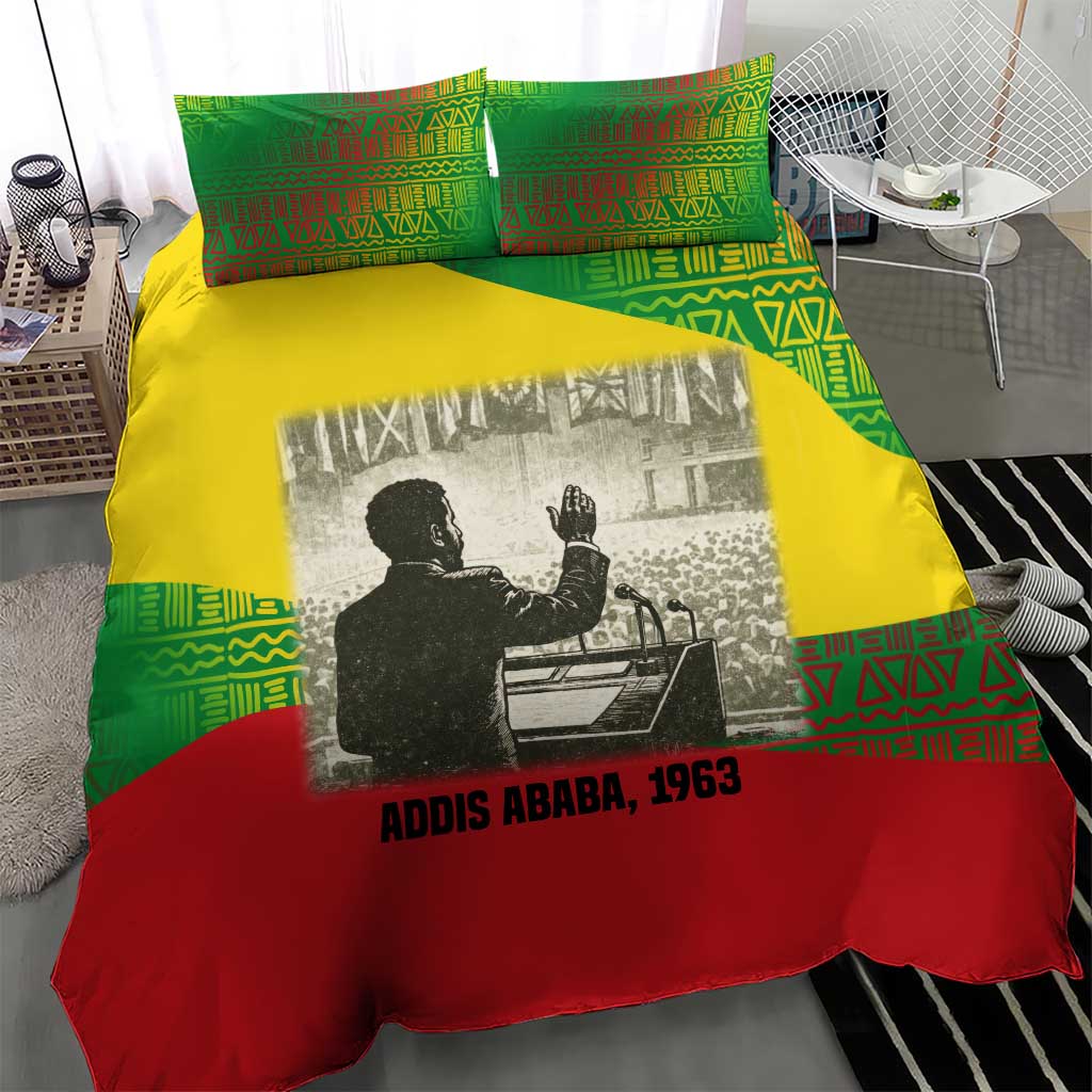 Ethiopia Haile Selassie I Bedding Set with Addis Ababa 1963 Speech Quote Pan-African Flag Colors and Kente Pattern - African Pride