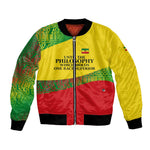 Ethiopia Haile Selassie I Bomber Jacket with Addis Ababa 1963 Speech Quote Pan-African Flag Colors and Kente Pattern