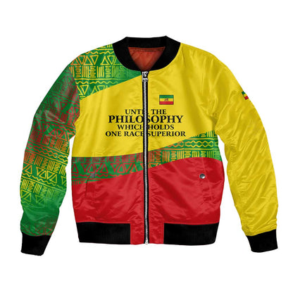 Ethiopia Haile Selassie I Bomber Jacket with Addis Ababa 1963 Speech Quote Pan-African Flag Colors and Kente Pattern