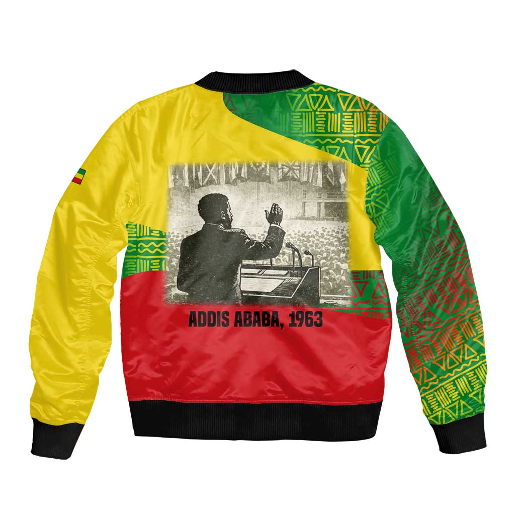 Ethiopia Haile Selassie I Bomber Jacket with Addis Ababa 1963 Speech Quote Pan-African Flag Colors and Kente Pattern