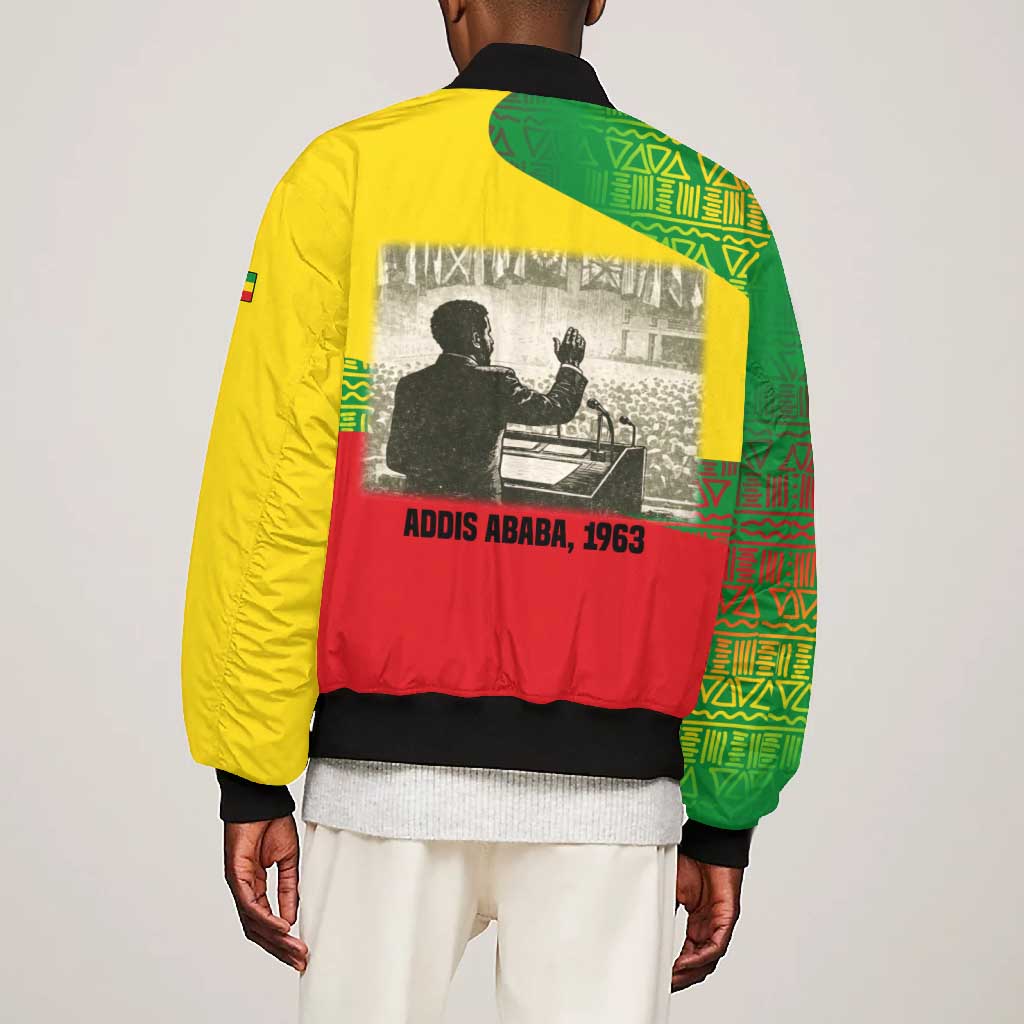 Ethiopia Haile Selassie I Bomber Jacket with Addis Ababa 1963 Speech Quote Pan-African Flag Colors and Kente Pattern
