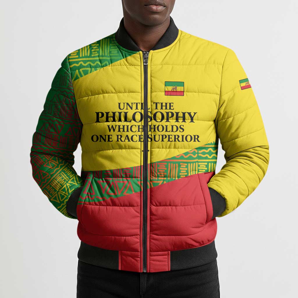 Ethiopia Haile Selassie I Bomber Puffer Jacket with Addis Ababa 1963 Speech Quote Pan-African Flag Colors and Kente Pattern
