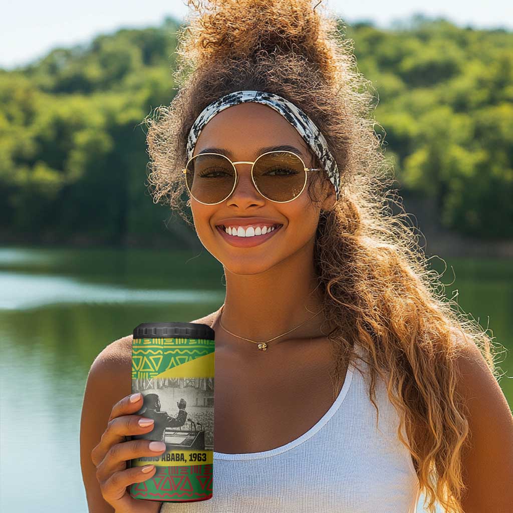 Ethiopia Haile Selassie I 4 in 1 Can Cooler Tumbler with Addis Ababa 1963 Speech Quote Pan-African Flag Colors and Kente Pattern - African Pride