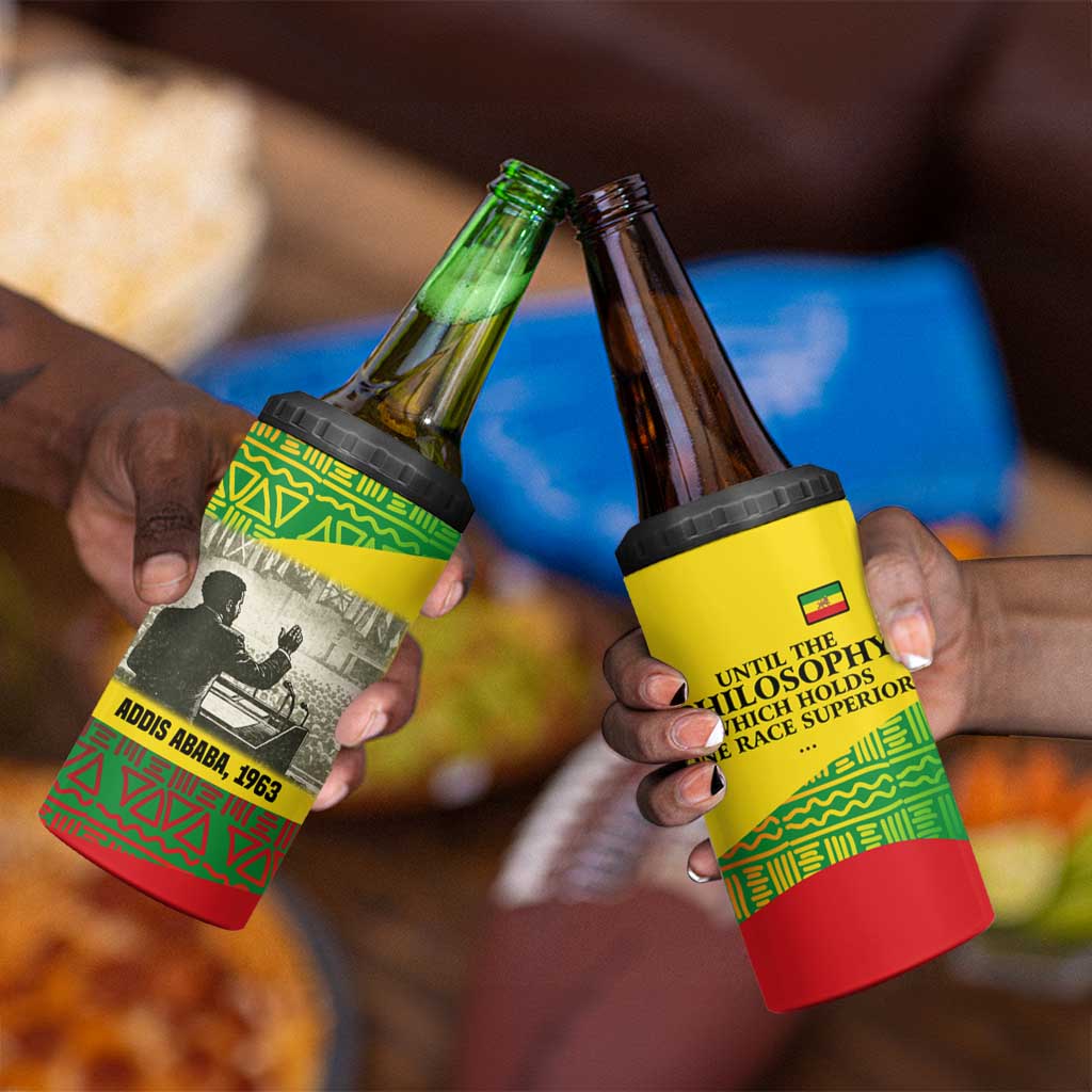 Ethiopia Haile Selassie I 4 in 1 Can Cooler Tumbler with Addis Ababa 1963 Speech Quote Pan-African Flag Colors and Kente Pattern - African Pride