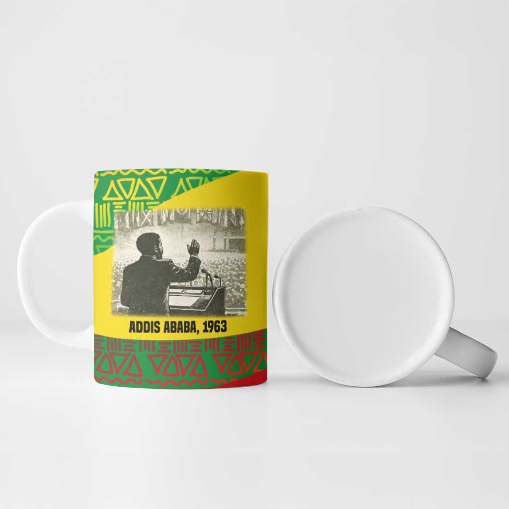 Ethiopia Haile Selassie I Ceramic Mug with Addis Ababa 1963 Speech Quote Pan-African Flag Colors and Kente Pattern - African Pride