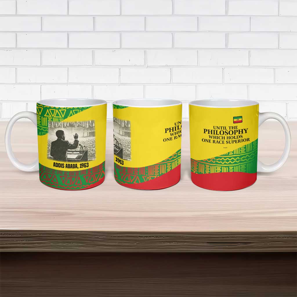 Ethiopia Haile Selassie I Ceramic Mug with Addis Ababa 1963 Speech Quote Pan-African Flag Colors and Kente Pattern - African Pride