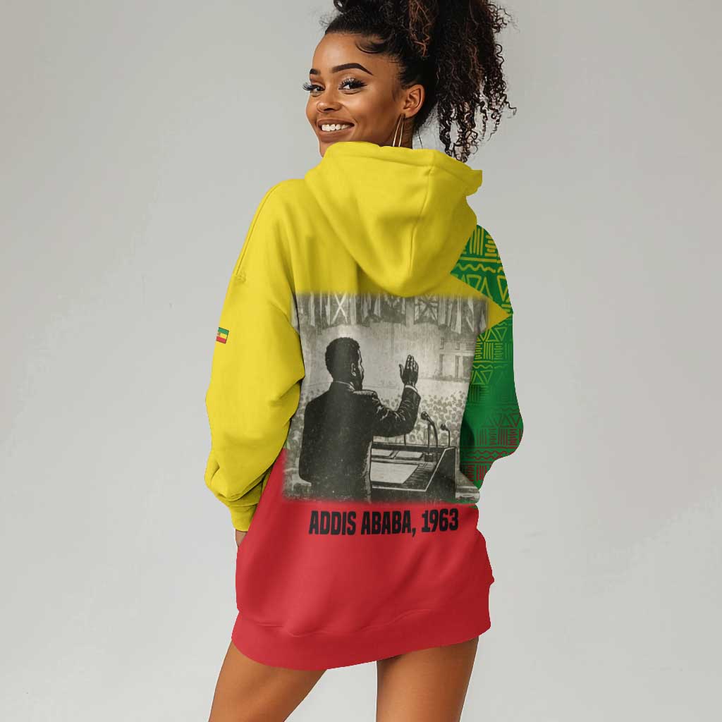 Ethiopia Haile Selassie I Hoodie Dress with Addis Ababa 1963 Speech Quote Pan-African Flag Colors and Kente Pattern