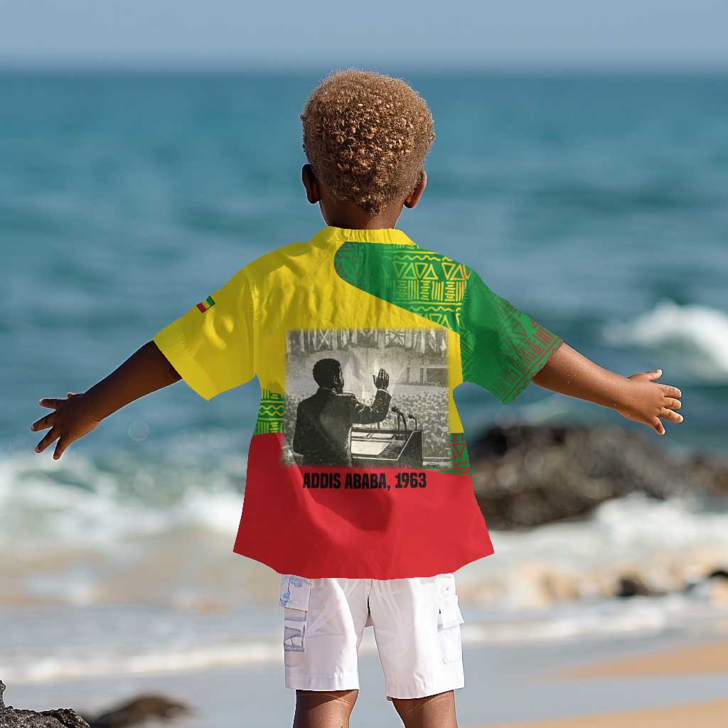 Ethiopia Haile Selassie I Kid Hawaiian Shirt with Addis Ababa 1963 Speech Quote Pan-African Flag Colors and Kente Pattern