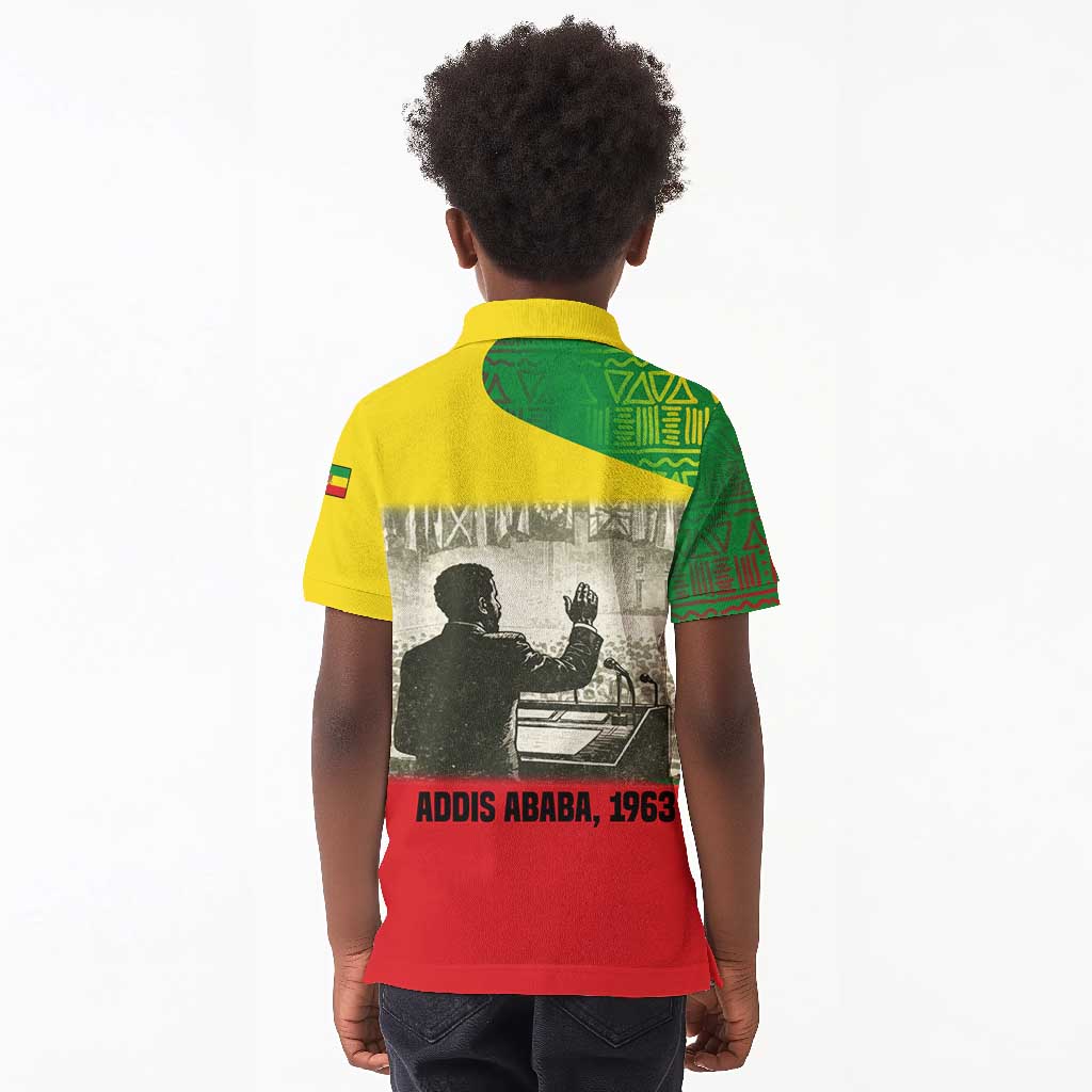 Ethiopia Haile Selassie I Kid Polo Shirt with Addis Ababa 1963 Speech Quote Pan-African Flag Colors and Kente Pattern