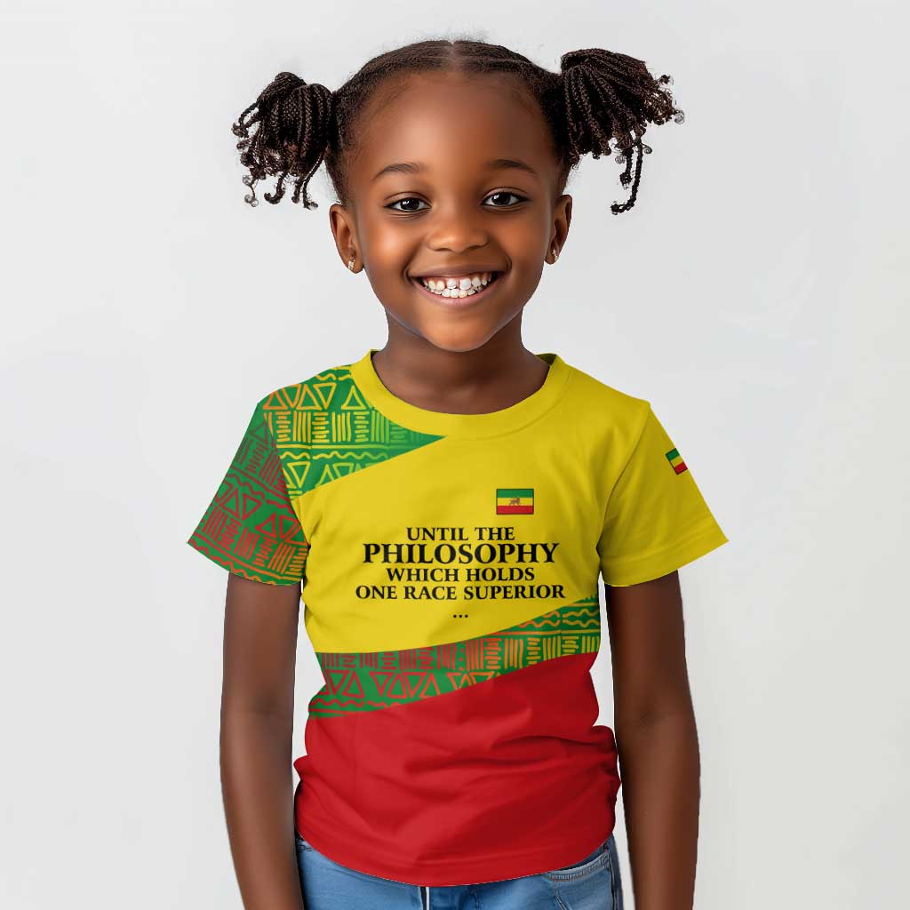 Ethiopia Haile Selassie I Kid T shirt with Addis Ababa 1963 Speech Quote Pan-African Flag Colors and Kente Pattern