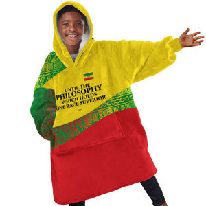 Ethiopia Haile Selassie I Kid Wearable Blanket Hoodie with Addis Ababa 1963 Speech Quote Pan-African Flag Colors and Kente Pattern