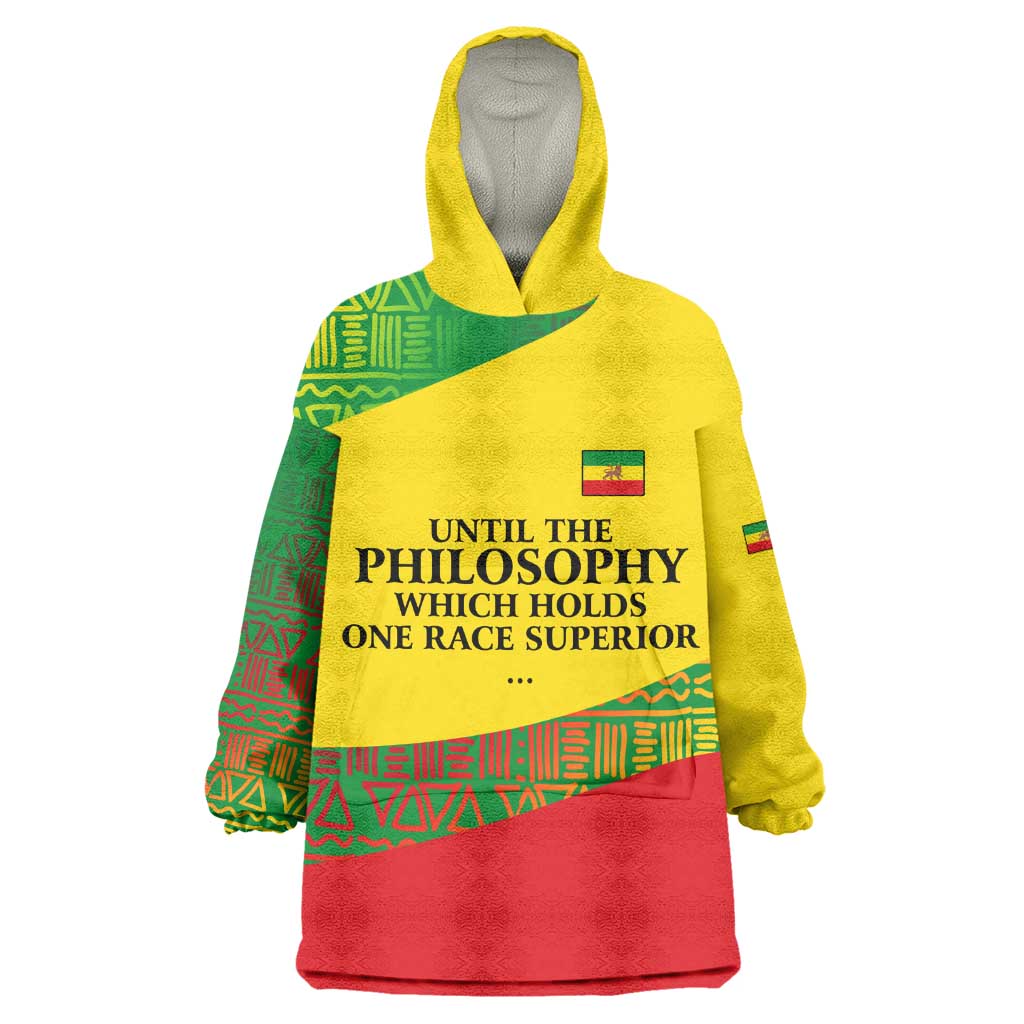 Ethiopia Haile Selassie I Kid Wearable Blanket Hoodie with Addis Ababa 1963 Speech Quote Pan-African Flag Colors and Kente Pattern