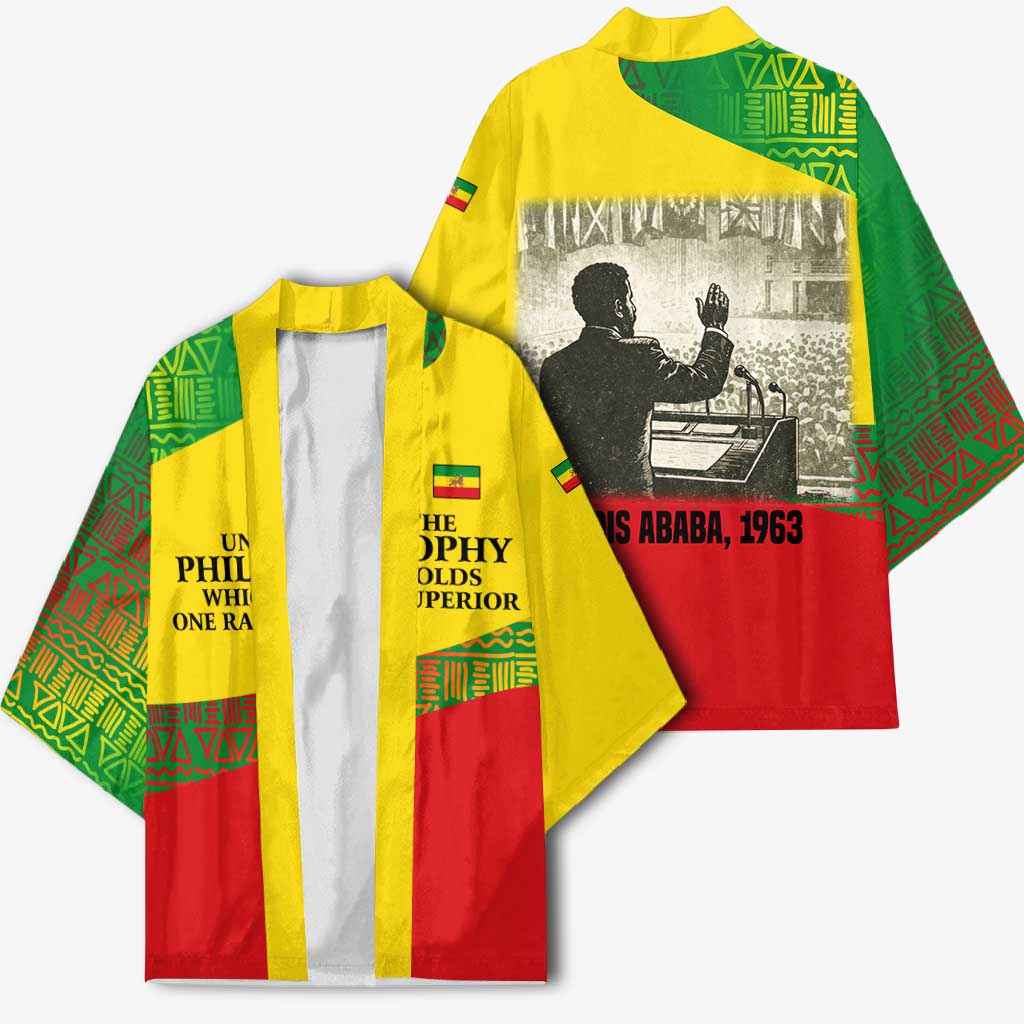 Ethiopia Haile Selassie I Kimono with Addis Ababa 1963 Speech Quote Pan-African Flag Colors and Kente Pattern