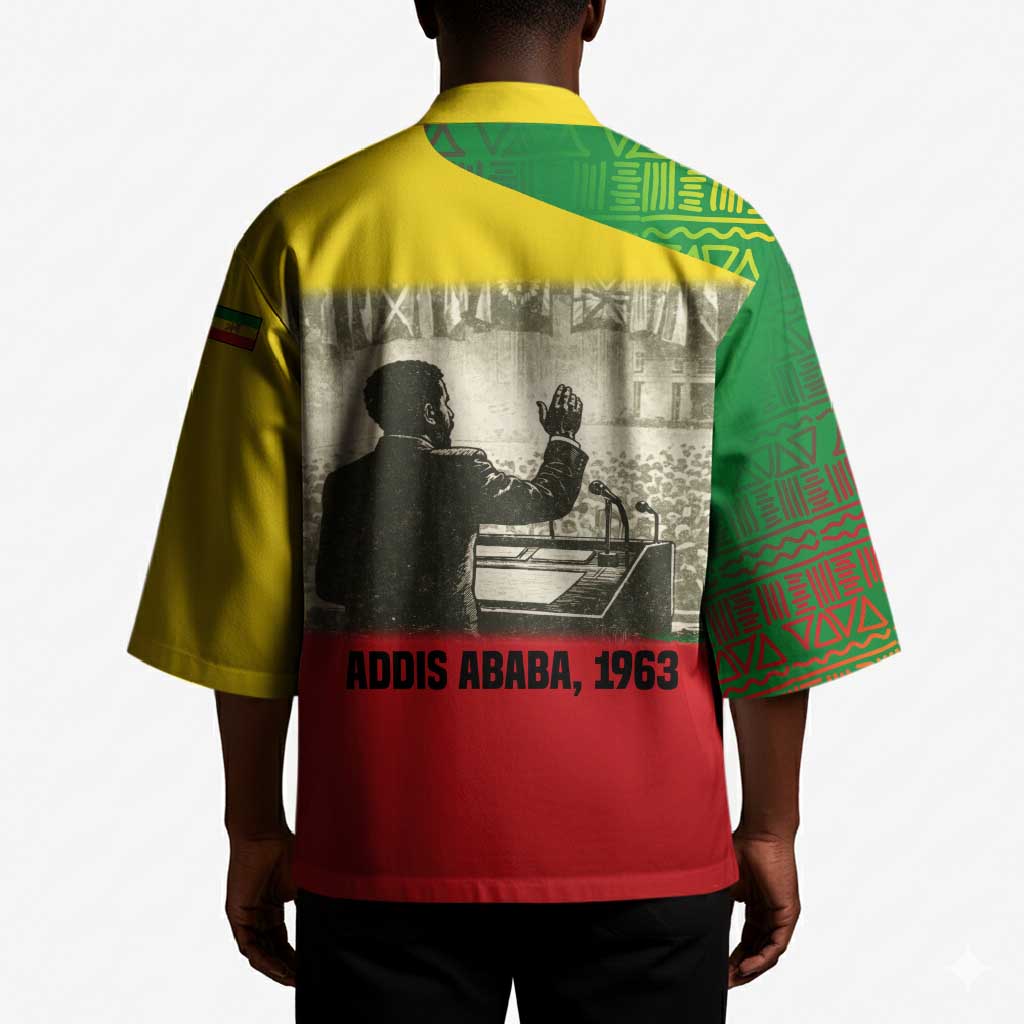 Ethiopia Haile Selassie I Kimono with Addis Ababa 1963 Speech Quote Pan-African Flag Colors and Kente Pattern