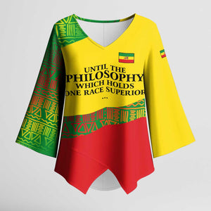 Ethiopia Haile Selassie I Kimono Sleeve Blouse with Addis Ababa 1963 Speech Quote Pan-African Flag Colors and Kente Pattern