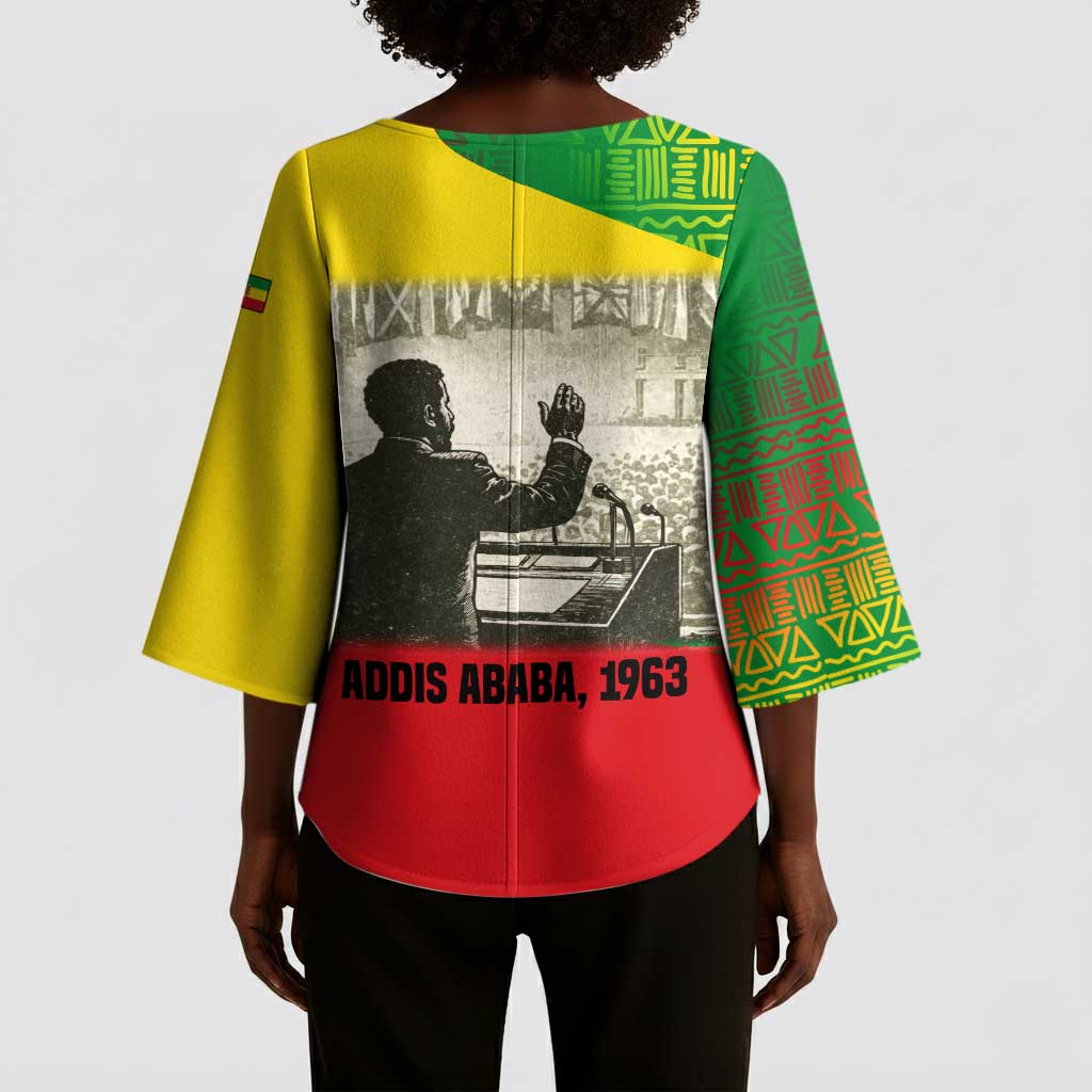 Ethiopia Haile Selassie I Kimono Sleeve Blouse with Addis Ababa 1963 Speech Quote Pan-African Flag Colors and Kente Pattern