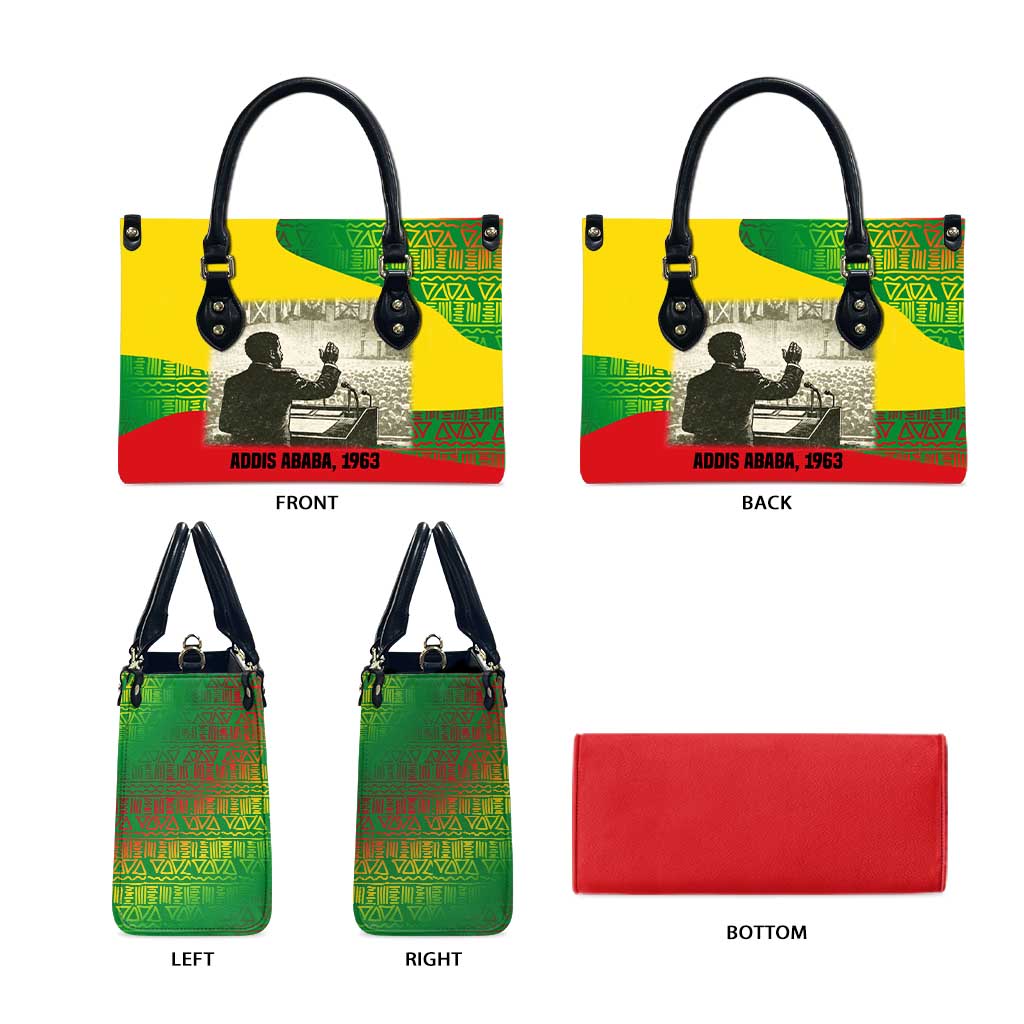 Ethiopia Haile Selassie I Leather Bag with Addis Ababa 1963 Speech Quote Pan-African Flag Colors and Kente Pattern - African Pride