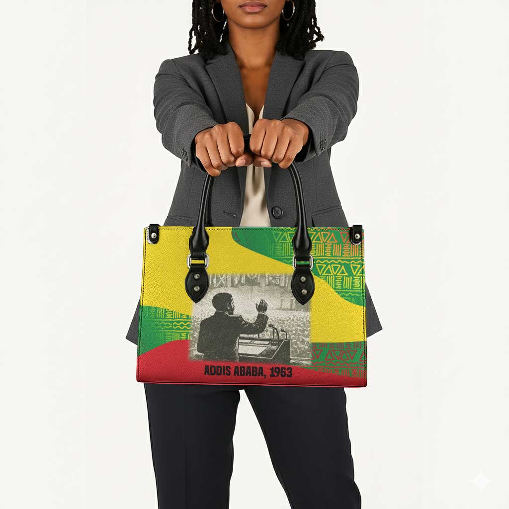 Ethiopia Haile Selassie I Leather Bag with Addis Ababa 1963 Speech Quote Pan-African Flag Colors and Kente Pattern - African Pride