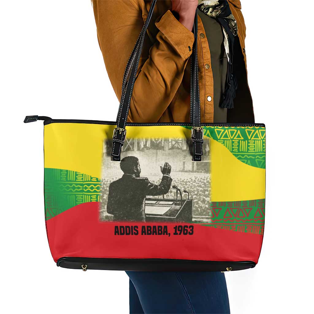 Ethiopia Haile Selassie I Leather Tote Bag with Addis Ababa 1963 Speech Quote Pan-African Flag Colors and Kente Pattern - African Pride