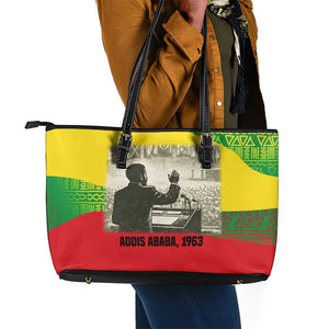 Ethiopia Haile Selassie I Leather Tote Bag with Addis Ababa 1963 Speech Quote Pan-African Flag Colors and Kente Pattern - African Pride
