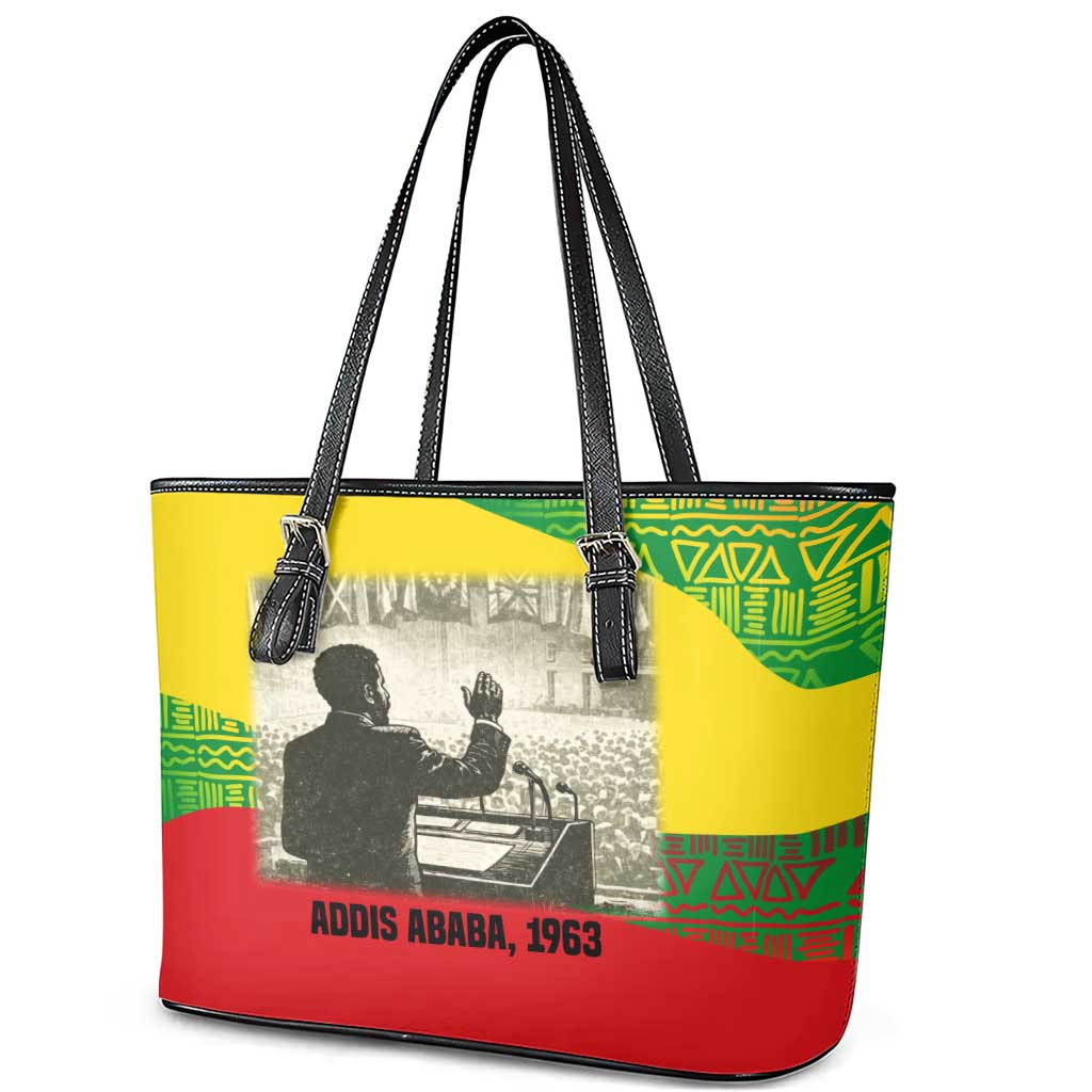 Ethiopia Haile Selassie I Leather Tote Bag with Addis Ababa 1963 Speech Quote Pan-African Flag Colors and Kente Pattern - African Pride