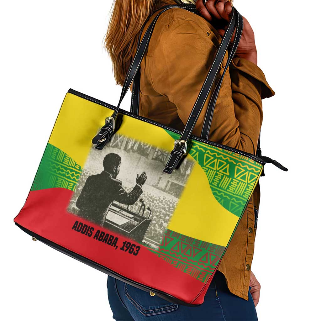 Ethiopia Haile Selassie I Leather Tote Bag with Addis Ababa 1963 Speech Quote Pan-African Flag Colors and Kente Pattern - African Pride