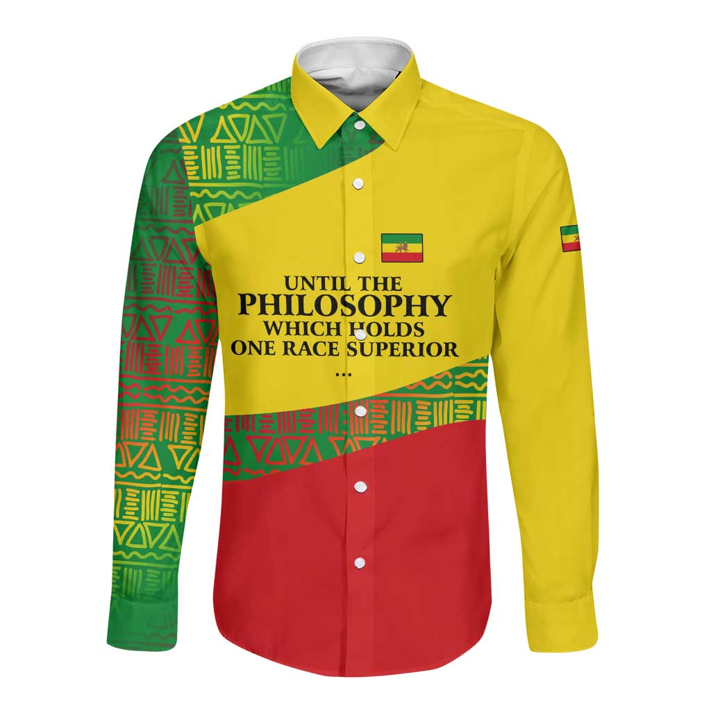 Ethiopia Haile Selassie I Long Sleeve Button Shirt with Addis Ababa 1963 Speech Quote Pan-African Flag Colors and Kente Pattern